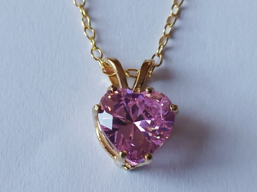 gold plated silver chain with 10 mm pink zirconia heart pendant-anchor chain 45 cm